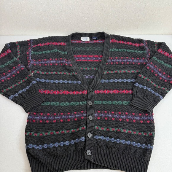 FRUGALMAN Other - FRANKENMUTH KNIT CARDIGAN SWEATER DARK GRAY‎ MULTICOLOR STRIPE PATTERN SIZE L